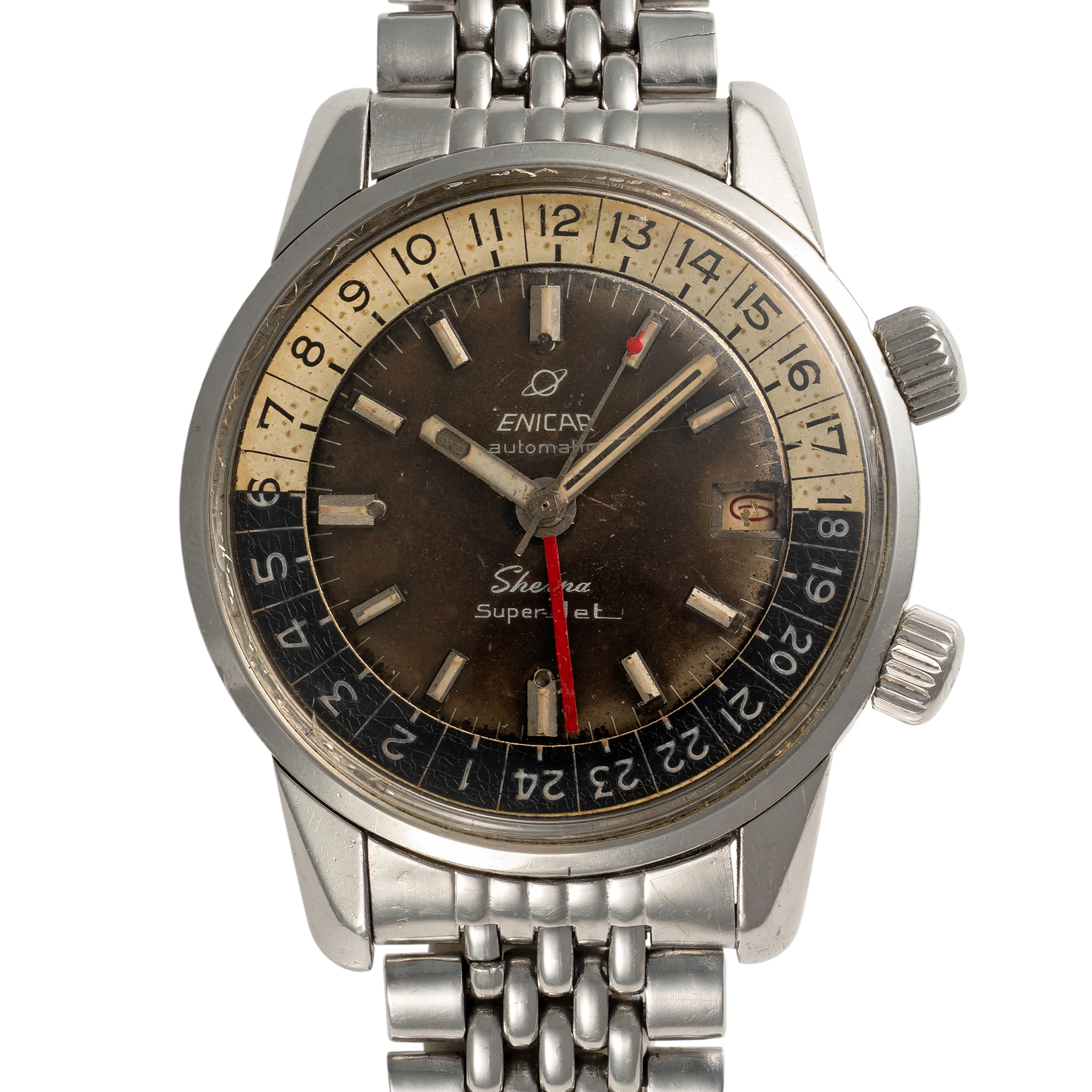 A GENTLEMAN'S STAINLESS STEEL ENICAR SHERPA SUPER JET GMT BRACELET WATCH CIRCA 1960s, REF. 166-35-04