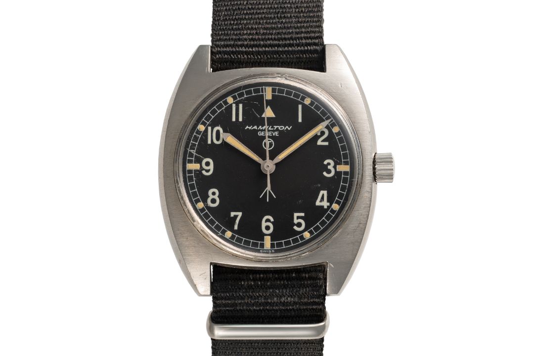 A GENTLEMAN'S STAINLESS STEEL BRITISH MILITARY HAMILTON RAF WRIST WATCH DATED 1974, WITH TRITIUM " - Image 1 of 7