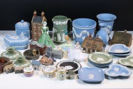 Collection of Wedgwood jasperware, to comprise trinket boxes, bottle vases, jugs, candlesticks, etc.