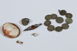 Small quantity of costume jewellery to include yellow metal cameo brooch, 925 sterling silver brooch