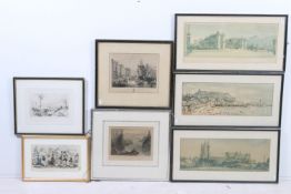 Group of seven prints and etchings, to comprise a view of Clifton Suspension Bridge, 'The Entrance