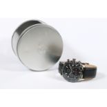 Boxed Mitsubishi Motors Racing Chronograph wrist watch with leather strap, contained within case