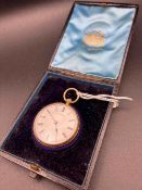 A GOOD CRISP GOLD FOB WATCH BY T R RUSSELL LIVERPOOL IN FITTED CASE 14ct 48g inc
