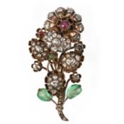 AN INDIAN GEM-SET BROOCH, designed as a floral spray set with rose-cut diamonds and ruby, sapphire