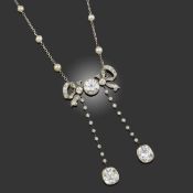 A BELLE ÉPOQUE DIAMOND AND PEARL PENDANT NECKLACE, of negligée design, centred with an old