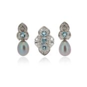 A PAIR OF BLUE TOPAZ, CULTURED PEARL AND DIAMOND EARRINGS, each set with a circular-cut topaz,