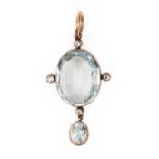 A 19TH CENTURY AQUAMARINE AND DIAMOND PENDANT, set with an oval-cut aquamarine, framed by four