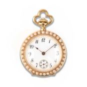 A LADY'S FOB WATCH, the white enamel dial with black Arabic numerals and subsidiary seconds dial