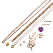 A MIXED QUANTITY OF JEWELLERY INCLUDING A SYNTHETIC CORUNDUM RING, comprising a gold flat curb-