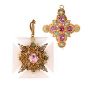 TWO REGENCY GOLD CRUCIFORM PENDANTS, comprising a topaz and turquoise-set gold cruciform pendant,