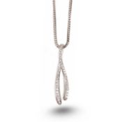 A DIAMOND AND 18CT WHITE GOLD PENDANT, of stylised wishbone design, set with round brilliant-cut