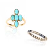 TWO GEM-SET RINGS, comprising: a sapphire and diamond eternity ring, set with carré-cut sapphires