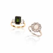 TWO GEM-SET RINGS, comprising: a tourmaline and diamond ring, the step-cut tourmaline between