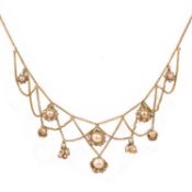 A PEARL-SET GOLD FRINGE NECKLACE, set with pearl clusters and trefoils on fine-link gold necklace,
