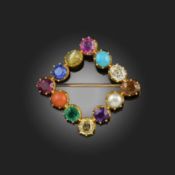 λ A 19TH CENTURY HARLEQUIN BROOCH, of square form set with a ruby, turquoise, diamond, pearl,