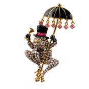 A NOVELTY GEM-SET AND ENAMEL BROOCH/PENDANT, designed as a gentleman frog, his body set with rose-