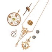 A SELECTION OF ANTIQUE JEWELLERY, including three Edwardian seed pearl pendants, a pair of seed
