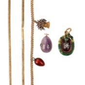 A GOLD NECKLACE, CHARM BRACELET AND TWO PENDANTS, comprising a snake-link gold necklace, 10g, an