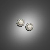 A PAIR OF LATE 19TH CENTURY NATURAL FRESHWATER PEARL AND DIAMOND EARRINGS, the button-shaped
