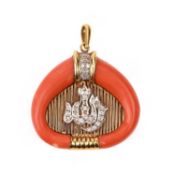 λ A CORAL-SET GOLD PENDANT, with diamond-set gold ciper on pierced gold ground and coral surround,
