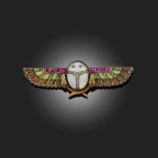 AN EGYPTIAN REVIVAL OPAL, DIAMOND AND ENAMEL BROOCH, MID 19TH CENTURY, designed as a winged