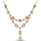AN AQUAMARINE, DIAMOND AND PEARL NECKLACE, the central section composed of openwork oval links