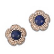 A PAIR OF LAPIS LAZULI AND DIAMOND FLOWER EARRINGS, set with a central lapis lazuli cabochon with