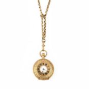 A LADY'S 18CT GOLD FOB WATCH AND GOLD LONG GUARD CHAIN, comprising: a lady's 18ct gold stem-wind