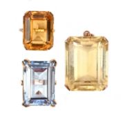 TWO GEM-SET RINGS AND A PENDANT, comprising: a ring set with an emerald-cut citrine within diamond-