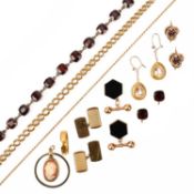 A COLLECTION OF JEWELLERY, comprising: a gold curb-link chain, stamped 9k, length 54cm, 49.2g; a