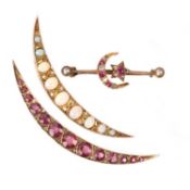 THREE GEM-SET GOLD BROOCHES, 19TH CENTURY AND LATER, comprising a ruby and diamond-set crescent