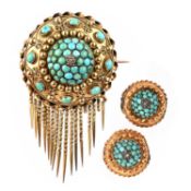 A VICTORIAN TURQUOISE-SET GOLD DEMI-PARURE, comprising; a circular brooch pavé-set with turquoise