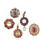 FIVE GEM-SET BROOCHES OR PENDANTS, including a 19th century ruby and diamond brooch set in silver