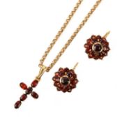 A GARNET-SET GOLD PENDANT AND EARRINGS, comprising a pair of garnet-set cluster earrings in yellow