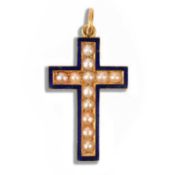 A VICTORIAN SEED PEARL AND ENAMEL CRUCIFORM PENDANT, the seed pearls within a border of blue