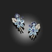 PLEASE NOTE, ONLY ONE EARRING IS SIGNED, CARTIER, A PAIR OF AQUAMARINE, SAPPHIRE AND DIAMOND EAR