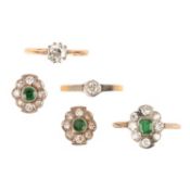 THREE GEM-SET RINGS AND A PAIR OF EARRINGS, comprising; a diamond solitaire ring, set with an old