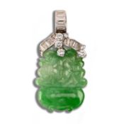 A JADEITE AND DIAMOND PENDANT, the carved jade plaque suspending from a diamond surmount in white