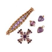 FIVE AMETHYST-SET GOLD ITEMS OF JEWELLERY, comprising a George III gold cruciform pendant in
