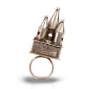 A JEWISH SILVER WEDDING RING, RUSSIA, C1891, of architectural design, the shank supporting a small