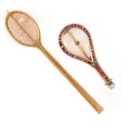 TWO GEM-SET BROOCHES, IN THE FORM OF TENNIS RACQUETS, comprising; a cultured pearl set brooch, set