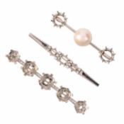 THREE BAR BROOCH MOUNTS, comprising; a cultured pearl-set bar brooch, in platinum, length 5.2cm, a