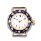 A LADY'S BLUE ENAMEL AND DIAMOND WRISTWATCH, the circular white enamel dial with black Arabic