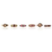 SIX GEM-SET / PASTE GOLD RINGS, 19TH CENTURY AND LATER, including a George III garnet five stone