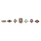 SEVEN GOLD AND GEM-SET RINGS, including a seed pearl and black enamel mourning ring C1883, size M