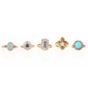 A COLLECTION OF FIVE GEM-SET RINGS, 19TH CENTURY AND LATER, comprising; a turquoise and diamond