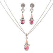 A PINK TOURMALINE, ENAMEL AND DIAMOND DEMI PARURE, comprising a pair of earrings, each with
