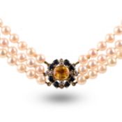A CULTURED PEARL, SAPPHIRE AND DIAMOND NECKLACE, composed of three rows of cultured pearls measuring