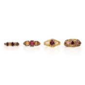 FOUR GEM-SET GOLD RINGS, 19TH CENTURY AND LATER, comprising; a three-stone chrysolite and garnet