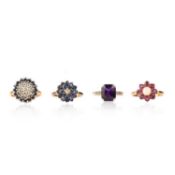 FOUR GEM-SET GOLD RINGS, comprising: a diamond and sapphire cluster ring in gold, stamped 18ct, size
